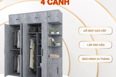 Tủ Quần Áo Gỗ 4 Cánh Nhiều Ngăn Sang Trọng Tiện Dụng, Gỗ MDF Cao Cấp Chống Trầy Xước